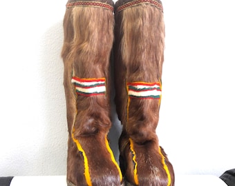 Sami Style Mukluks Traditional Arctic Winter Boots Handcrafted Mukluks Warm Thermal Insulation Felt Rubber Sole Size US 6 EU 37