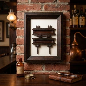 May include: A dark brown wooden frame containing a vintage metal foundry mould mounted on a white background. The mould features two horizontal rectangular sections connected by a central hinge with two vertical metal levers extending downwards.