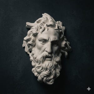 Puede incluir: Escultura de yeso blanco de la cabeza de un hombre barbudo, posiblemente Zeus, con una corona de laurel. La escultura tiene rasgos faciales detallados y cabello y barba rizados. El fondo es una superficie oscura y texturizada.
