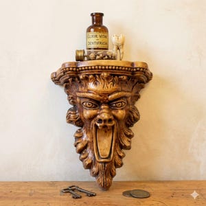 Estantería de pared estilo sátiro de la Academia Oscura, consola flotante gótica Pan Mascarón, expositor de rarezas y curiosidades, ménsula de yeso mitológica