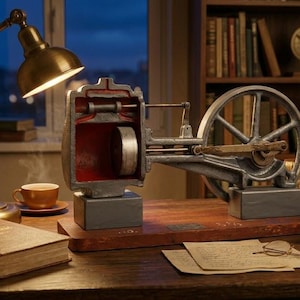 May include: A detailed image of a vintage desk setup featuring a brass desk lamp, a model engine, and a stack of books. A cup of coffee sits near the lamp. The scene evokes a sense of history and learning.