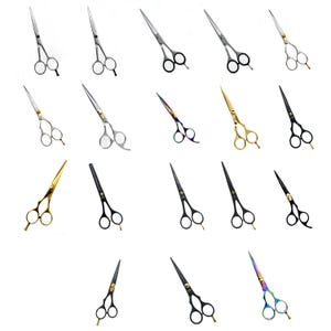 May include: A collection of professional hairdressing scissors in different designs. The scissors have silver, gold, and black handles with sharp, stainless steel blades. Some have colourful, iridescent details.