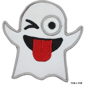 May include: White ghost emoji with a single eye, winking, and sticking its tongue out. The ghost is red, black, and white.