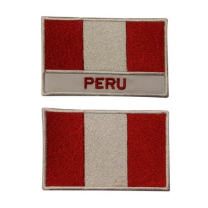 May include: Two embroidered patches featuring the flag of Peru. The top patch has the flag with the word "PERU" below it. The bottom patch is just the flag.