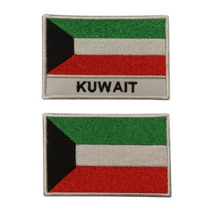 May include: Two embroidered patches featuring the flag of Kuwait. The top patch has the flag with the word "KUWAIT" below it. The bottom patch is just the flag.