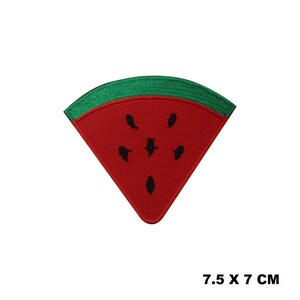 May include: Embroidered watermelon patch, shaped like a slice, with a red body, green rind, and black seeds. The patch measures 7.5 x 7 cm.