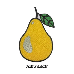 May include: Embroidered patch of a yellow pear with a green leaf and stem. The pear has a light green interior detail. The patch measures 7cm x 5.5cm.