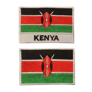 May include: Two embroidered patches featuring the Kenyan flag. The top patch has the flag with the words "KENYA" below it. The bottom patch is just the flag.