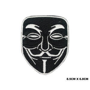 Puede incluir: Parche de hierro bordado en blanco y negro de la máscara de Anonymous, 8,5 cm por 6,8 cm.