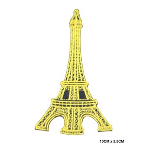 May include: Yellow embroidered iron-on patch of the Eiffel Tower, measuring 10 cm by 5.5 cm.