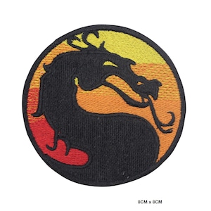 May include: Black embroidered patch featuring a yellow, orange and red dragon design. The dragon is within a circle with the text "8CM x 8CM".