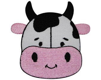 May include: Embroidered patch of a cartoon cow's face. The cow has a white face with black spots, black horns, and pink ears and muzzle. The patch measures 7cm x 7cm.