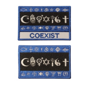 May include: Two embroidered patches with a blue border and a black background. The patches feature the word "COEXIST" in white lettering and a row of religious symbols above and below the word. The top patch has a white background with the word "COEXIST" in gray lettering.