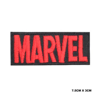May include: A rectangular embroidered patch featuring the word MARVEL in bold red capital letters against a solid black background. The patch has a stitched border and measures 7.5 cm by 3 cm, as indicated by the text in the corner.