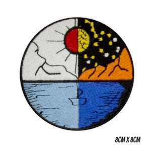 May include: Circular embroidered patch, divided into four sections. The top left shows a white sun, the top right a starry night sky, the bottom left a blue sea, and the bottom right a mountain. The patch measures 8cm x 8cm.