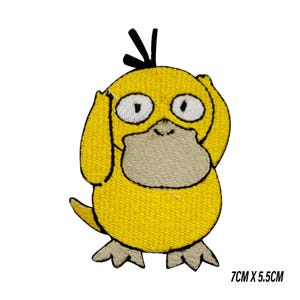 May include: Embroidered yellow patch featuring a cartoon duck-like creature with large eyes and a tan beak. The creature is holding its head with its hands. The patch measures 7cm x 5.5cm.