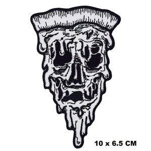May include: Black and white embroidered iron-on patch of a melting pizza slice with a skull face. The patch measures 10 x 6.5 cm.
