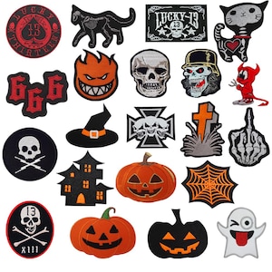 May include: A set of 18 iron-on patches featuring various Halloween and gothic designs. The patches include skulls, pumpkins, a witch's hat, a spider web, a ghost, a cross, a devil, a house, and the number 666. The patches are all black and white, with some featuring red, orange, and yellow accents.