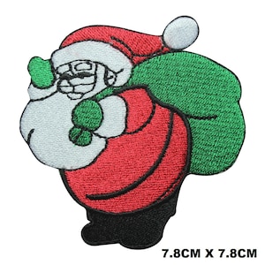 May include: Embroidered iron-on patch of Santa Claus carrying a green bag. Santa is wearing a red suit, white beard, and a black hat. The patch is 7.8 inches by 7.8 inches.