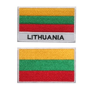 May include: Two embroidered patches featuring the Lithuanian flag. The top patch has the word "LITHUANIA" printed below the flag. The flag is yellow, green, and red.