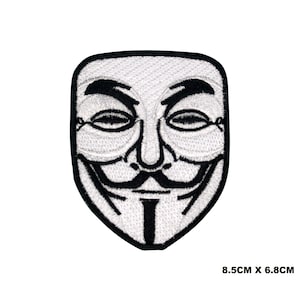 May include: Black and white embroidered iron-on patch of the iconic Anonymous mask. The mask features a stylized face with a wide smile and a goatee. The patch measures 8.5 inches by 6.8 inches.