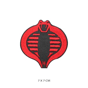 May include: Red embroidered iron-on patch of a cobra with a black background. The patch is 7 cm by 7 cm.