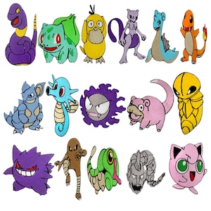 May include: A selection of embroidered patches depicting cartoon characters in various colours. The patches feature designs in purple, green, yellow, and orange. Each patch has a unique design, with some resembling animals and others with distinct features.