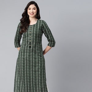 Green Color Kurti For Wife, Made With 100% Pure Cotton Long Kurti Straight Cotton Kurti, Traditional Look Kurti, Handmade 3/4 Sleeves Kurti