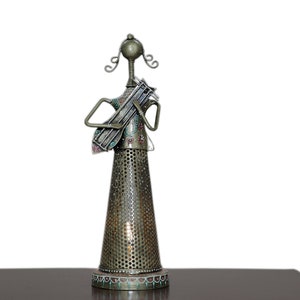 Acrylic Painted Metal Candle Holder: Woman Musician Art