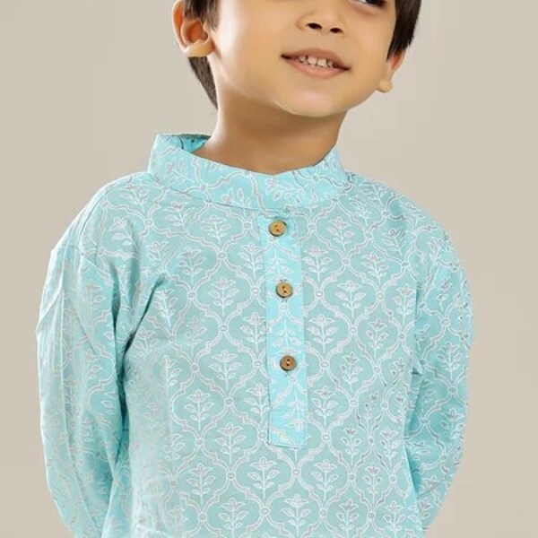 Sky Blue Silver Print Long Kurta, Blue Printed Shirt, Indian Soft Cotton, Wedding Outfit For Boys, Festive Wear Soft Kurta, Handmade Kurt