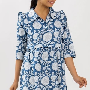 Blue Dahlia Katha Maternity Midi Dress, Pure Cotton Short Dress, Comfortable Breastfeeding Cotton Short Dress, 3/4 Sleeve Women Short Dress