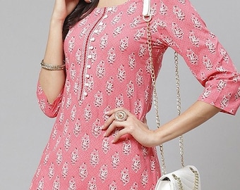 Pink Color Kurti, Flower Kurti For Women, Beautiful Straight Kurti, Cotton Printed Kurti, Handmade Kurti For Gift, Casual Daily Wear Kurties