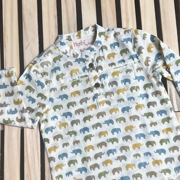Elefanten-Druck-Baumwollhemd - Elefanten-Hemd für Jungen - Tierdruck Kurta Hemd - Neele Peele Elefanten Kurta Hemd - Knopf Kurta-Hemd