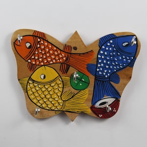 Wooden Key Holder, Fishes Painted Yellow Blue, Orange Wall Key holder, Butterfly Design Key Holder, Home And Wall Decor, Gift For Her