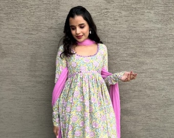 Lime Green Floral A-Line Dress : Block Printed Cotton Kurti