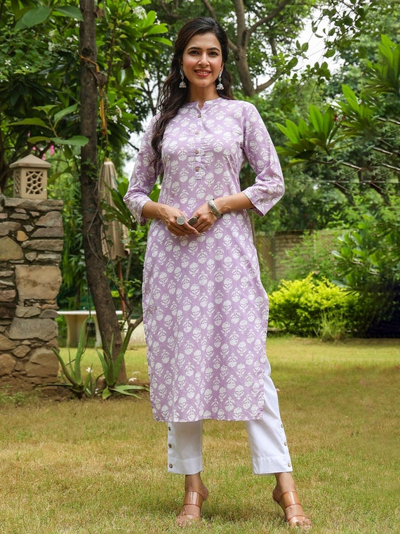 Floral Printed Indian Cotton Rayon Kurta Tunic - Women's Straight Fit 3/4 Sleeve Casual Kurti For Everyday Wear