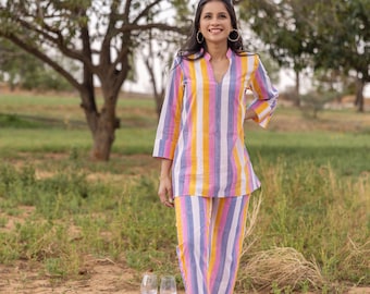 Cotton Co-ord Set: Striped Ladies Top and Bottom