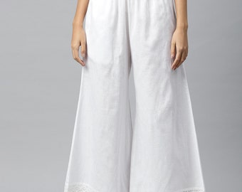 White Palazzo Pants. Handmade Clothing*  Pure White pants With Waistband* Ankle-Length White Palazzo* Casual Palazzo Up Sleeveless