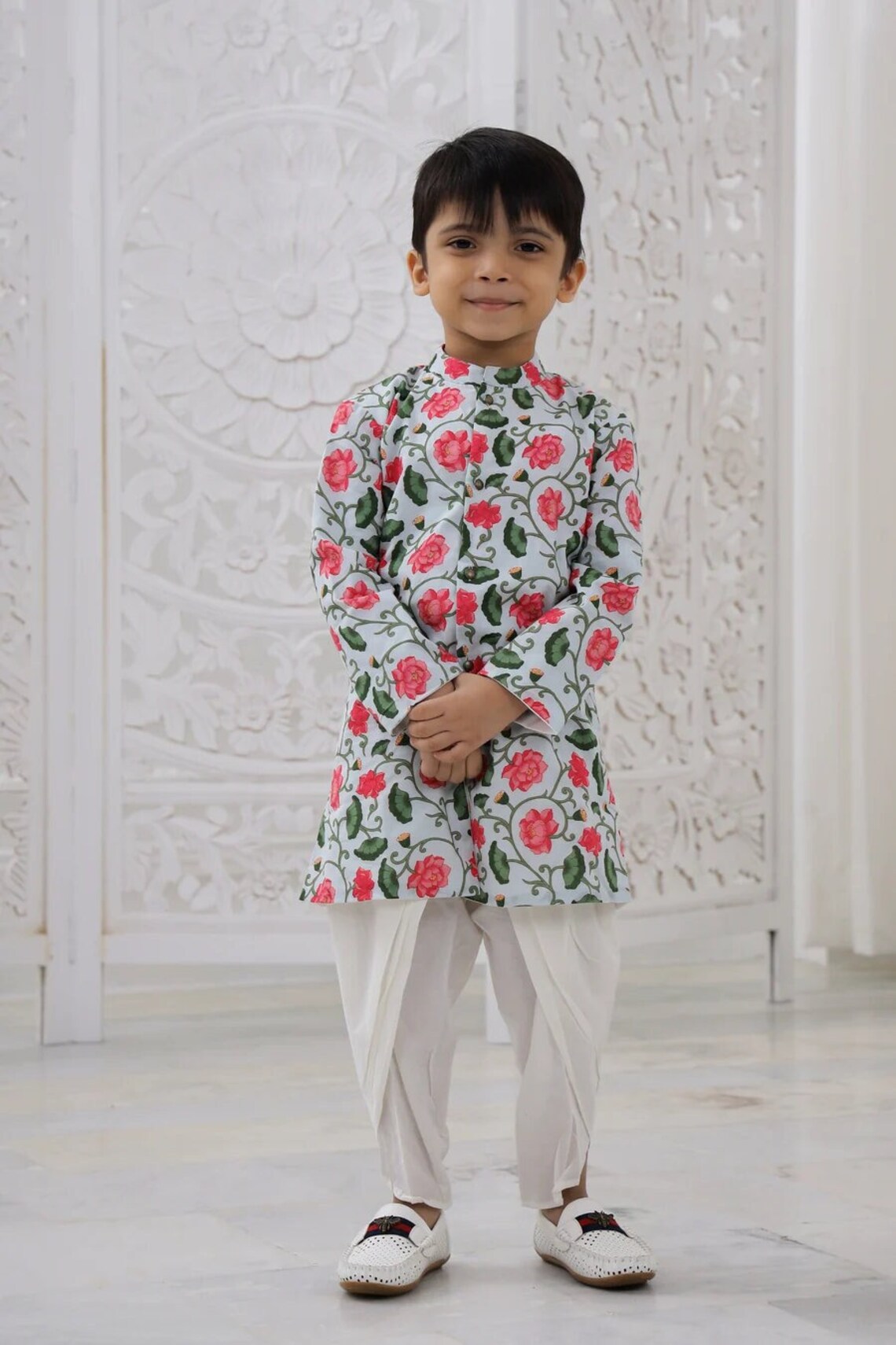 Babyhug Full Sleeves Cotton Kurta & Dhoti Set Floral Print- Charcoal