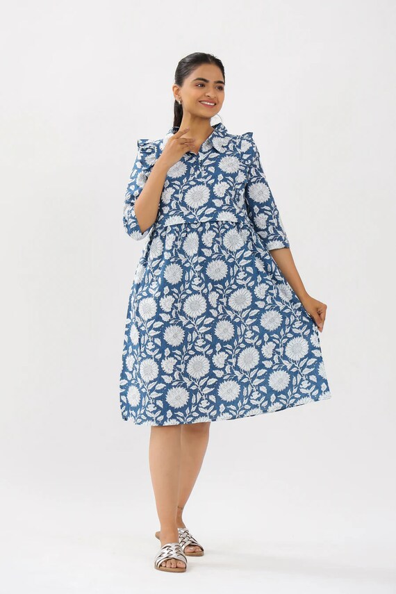 Blue Dahlia Print Maternity Dress: Cotton Katha Stitch Midi - Etsy