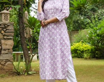 Purple Color Straight Cotton Kurti For Women , Daily Wear Outfit For Women , Pure Cotton Long Kurti, 3/4 Sleeves Purple Color Printed Kurti