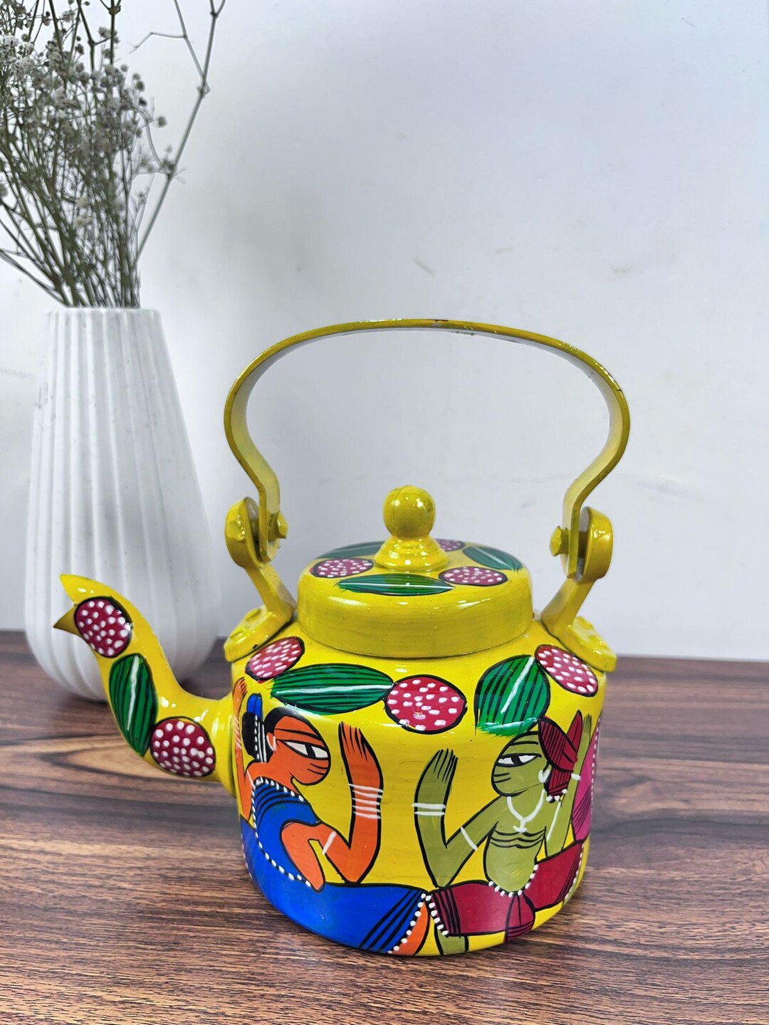Hand Painted Indian Tea Kettle: Kalighat Folk Art, Aluminum Teapot