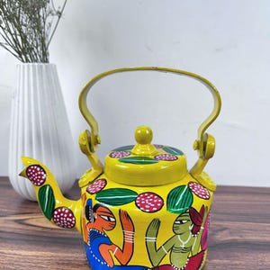 Elegant Indian Tea Pot, Beautiful Hand Painted Tea Kettles, Yellow, Blue And Red Color Painted Tea Kettles , Gift For Her Mother&#39;s Day Gift.