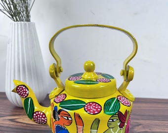 Hand Painted Indian Tea Kettle: Kalighat Folk Art, Aluminum Teapot