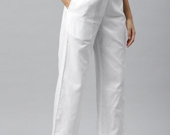 White Palazzo Pants. Handmade Clothing* Pure White pants With Waistband* Ankle-Length White Palazzo* Soft Wide Leg Yoga Pants And Palazzo