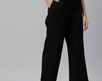 Piroh Womens Cotton Solid Folded Wide Leg Trouser (Black)* Summer Women Elastic Waist Cotton Pants* Soft Casual Loose Boho Trousers