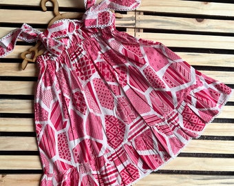 Robe rose foncé style nœud abstrait, Robes élégantes pour tout-petits pour bébé fille, Robe imprimée en coton, Robe chasuble, Tenue de tous les jours