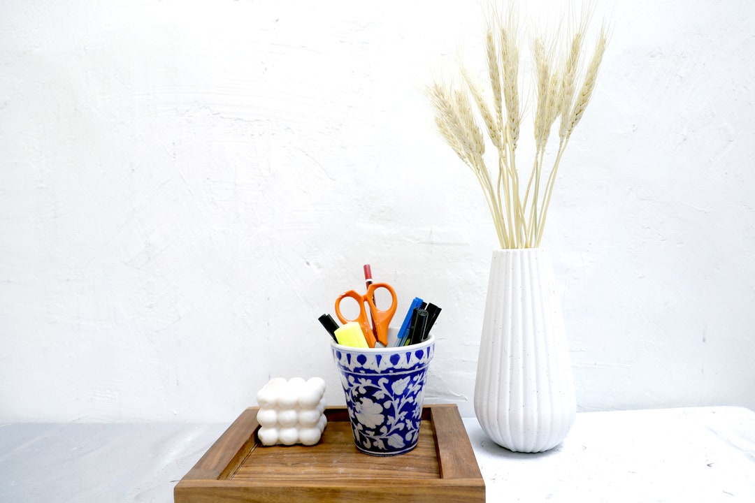 Blue Pottery Organiser Hand Painted Pen Holder Hand Made Candy Holder