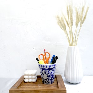 Blue pottery organiser , Hand painted pen holder , hand made candy holder , home decor , table top decor , room decor , artsy cheap gift