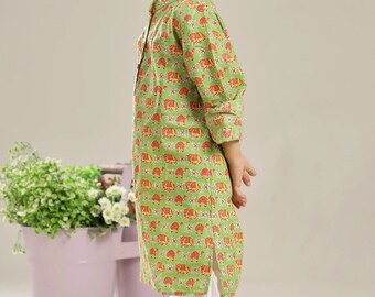 Ethnic Green Kurta Set for Boys- Camel & Elephant Print Dresses